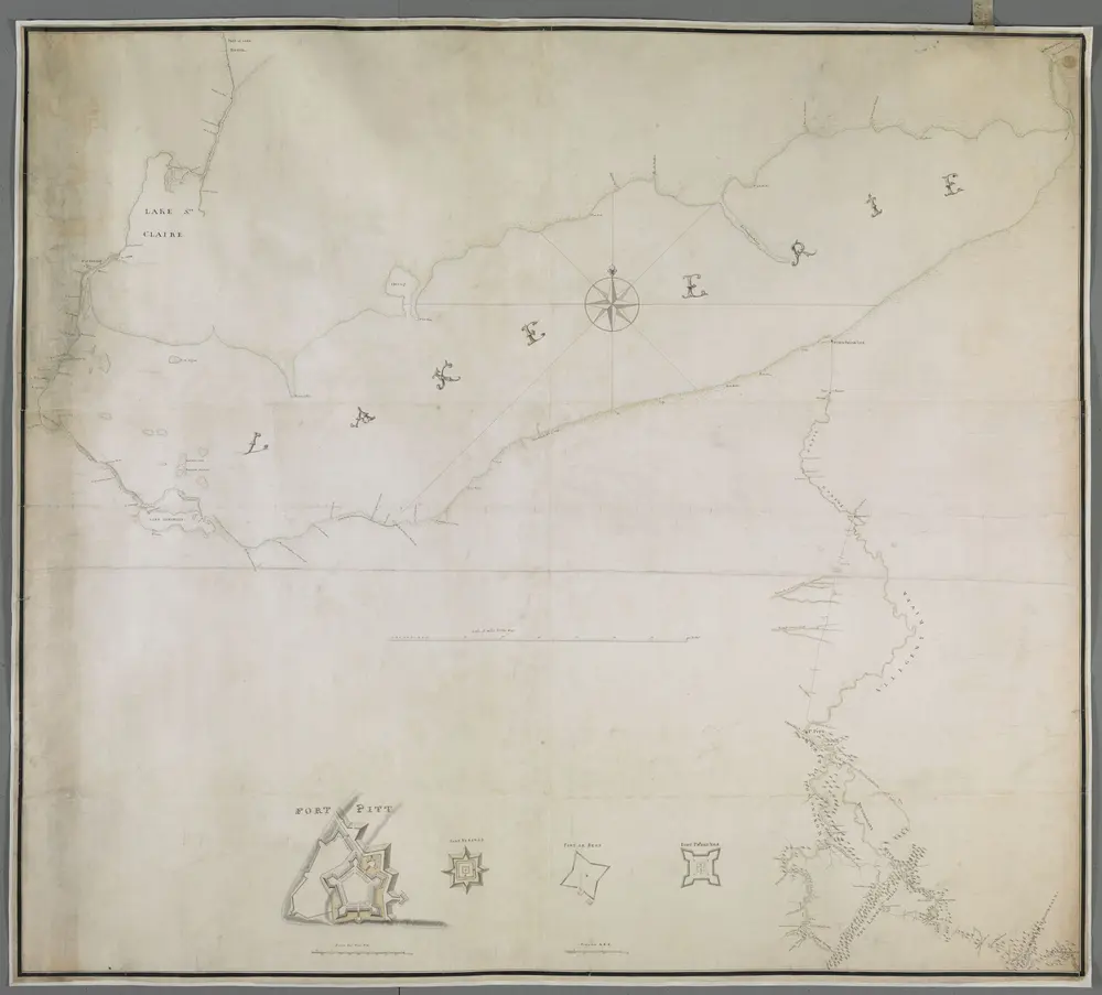 [A map of Lake Erie with the route southward from Fort Presqu'Isle to Fort Cumberland, with inset plans of Fort Pitt, Fort Venango, Fort Le Boeuf and Fort Presque Isle].