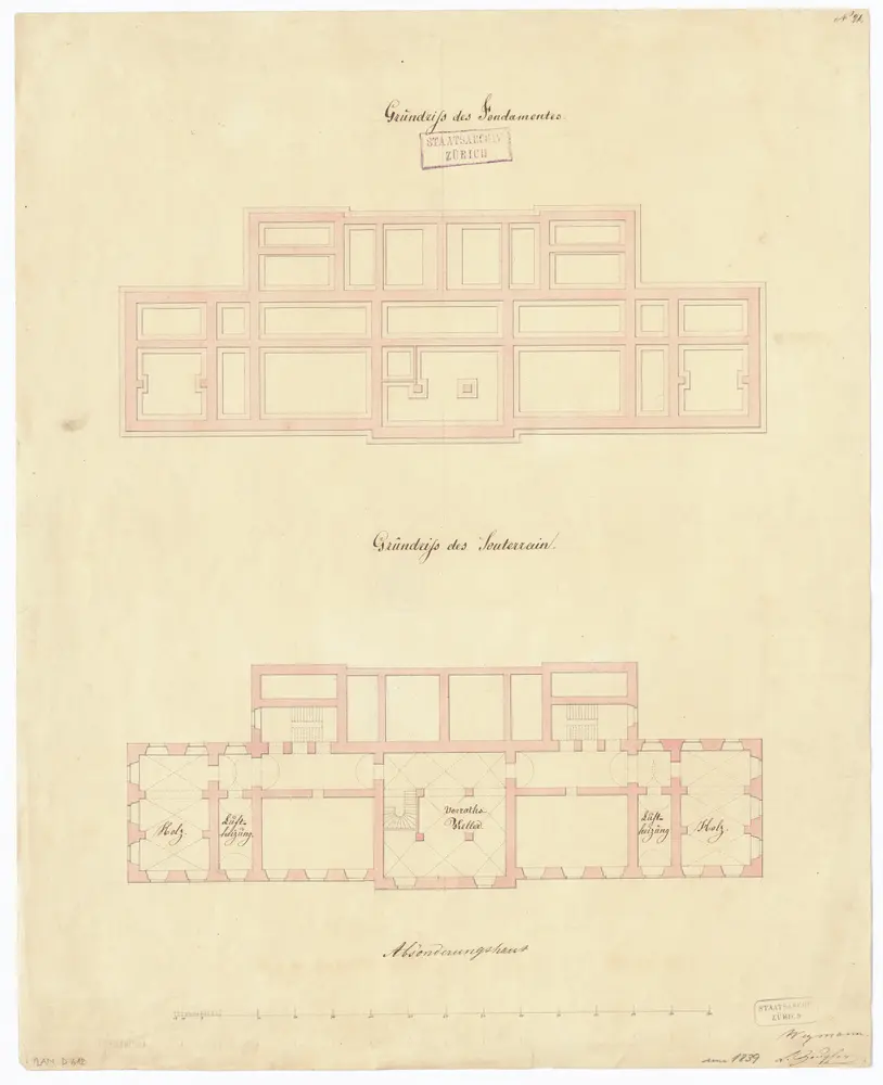 Kantonsspital Zürich, projektiertes Absonderungshaus, Oberstrass: Fundament und Untergeschoss; Grundrisse