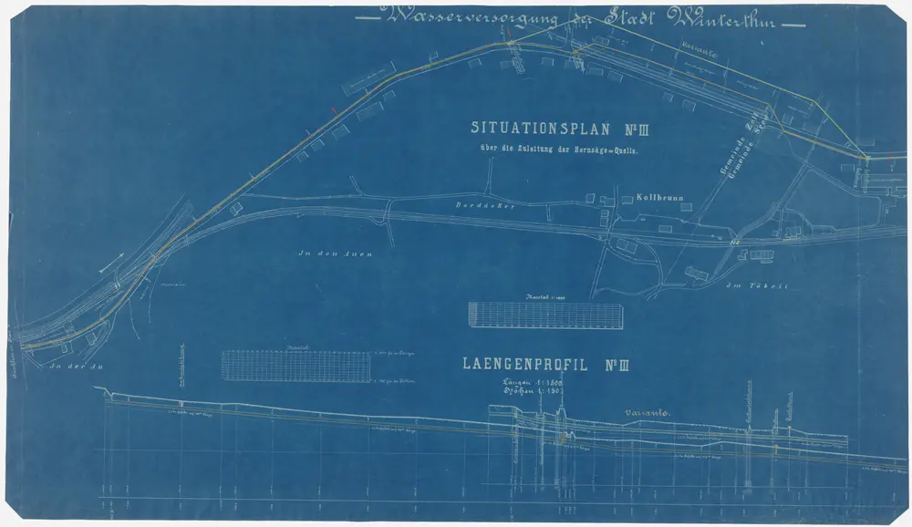 Zell: Wasserleitungen von im Töbeli über Kollbrunn und Bordäcker bis in der Au; Situationsplan und Längsprofil (Blatt III, Variante)