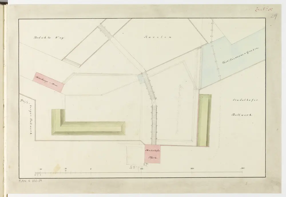 Zürich: Dem Spital Zürich gehörende Lehen in den Fortifikationswerken; Ansichten, Grundrisse und Schnitte: Gebiet zwischen Geissberger- und Stadelhofer-Bollwerk; Grundriss