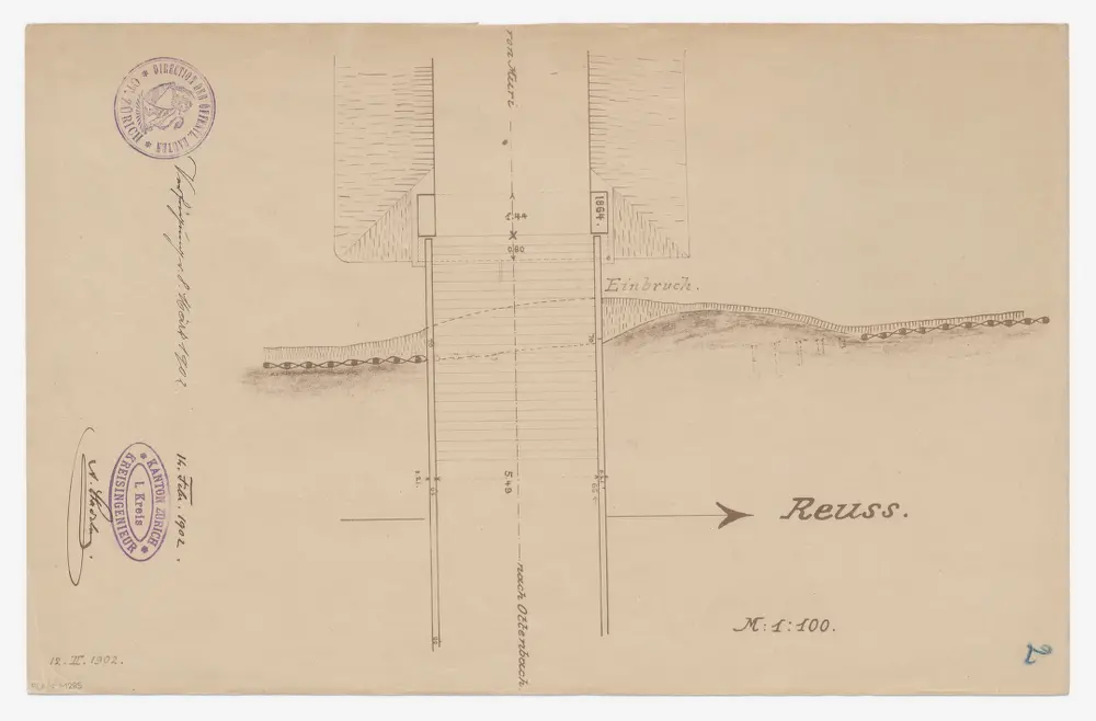 Ottenbach: Brücke über die Reuss, linkes Widerlager; Grundriss