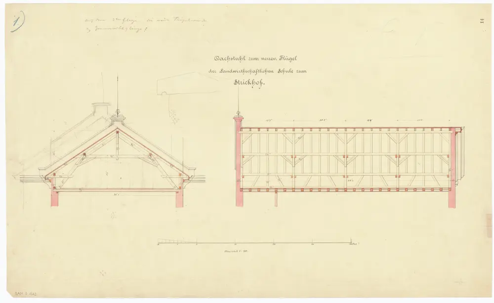 Landwirtschaftliche Schule Strickhof, Konfikt: Neuer Flügel, Dachstuhl; Schnitte