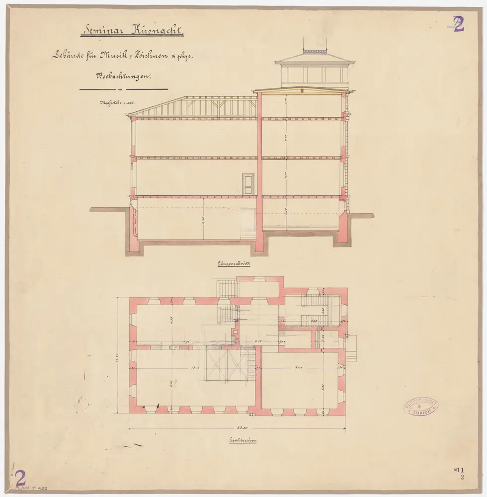 Küsnacht: Lehrerseminar; Gebäude für Musik, Zeichnen und physikalische Beobachtungen; Längsschnitt und Grundriss des Untergeschosses