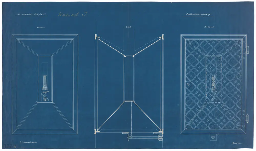 Irrenanstalt Burghölzli: Wachsaal J, Zellenbeleuchtung (Gas); Ansichten und Schnitt