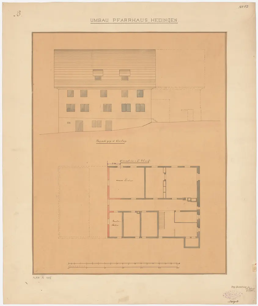 Hedingen: Pfarrhaus, projektierter Umbau; Ansicht und Grundriss des 1. Stocks (Nr. 11)