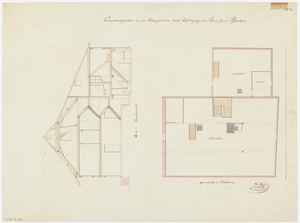 Rüschlikon: Projektiertes Pfarrhaus; Grundriss des Dachgeschosses und Querschnitt (Nr. 3)