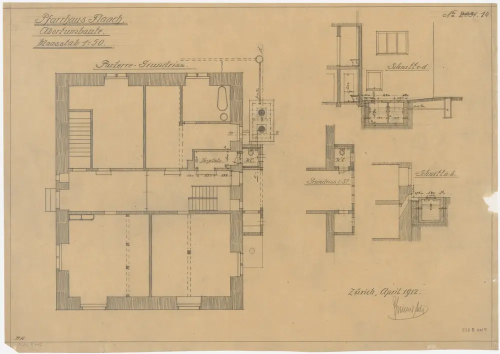 Flaach: Pfarrhaus, Erdgeschoss, Umbau der Abortanlage; Grundrisse und Querschnitte (Nr. 14)