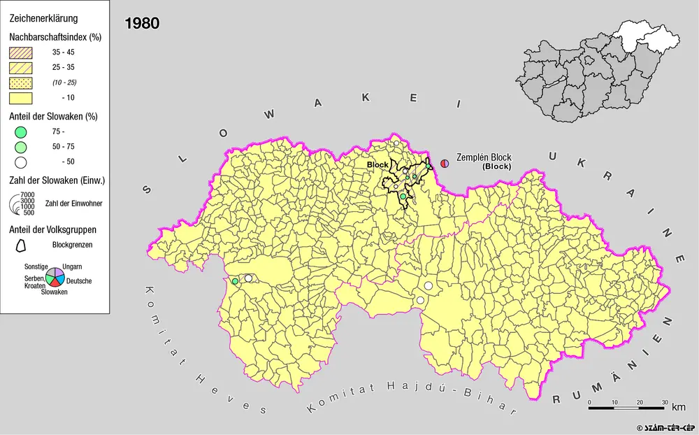 Siedlungsgebiet der Slowaken nach dem Nachbarschaftsindex für Nordost-Ungarn 1980