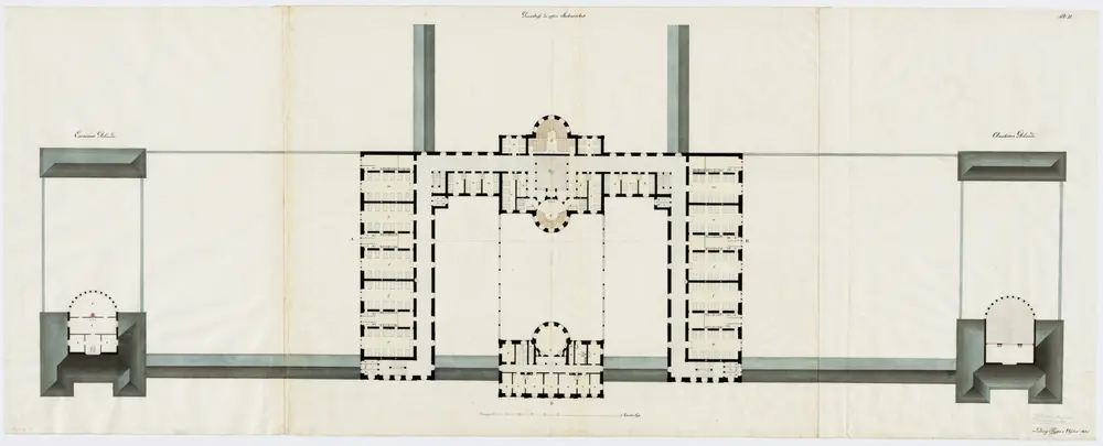 Fluntern: Projektiertes Kantonsspital, Haupt-, Ökonomie- und Anatomiegebäude, 1. Stockwerk; Grundriss