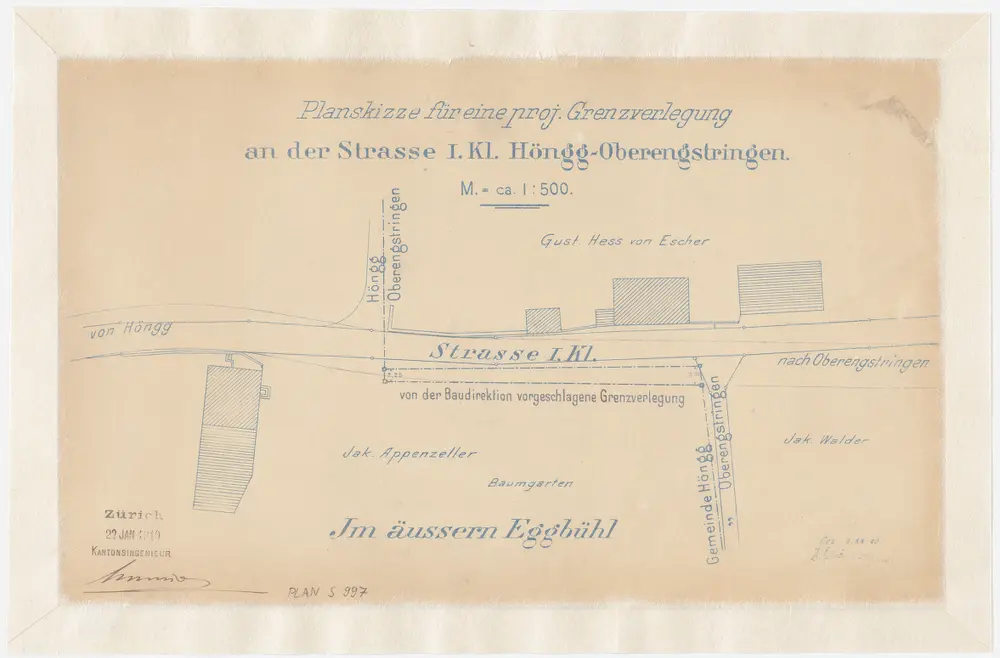 Höngg, Oberengstringen: Projektierte Verlegung der Grenze der beiden Gemeinden an der Strasse Höngg-Oberengstringen im äusseren Eggbühl; Situationsplan