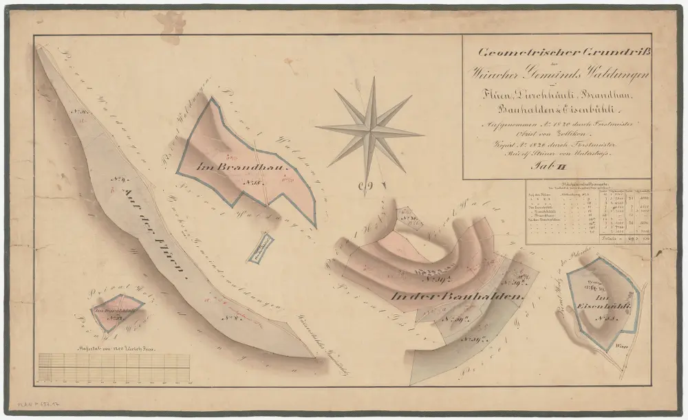 Weiach: Gemeindewaldung: Durhäuli (Im Durchhölzli), Flüenen (Auf den Flüen), Brandhau, Buhalden (Bauhalden), Isenbüeli (Eisenbühli); Grundrisse (Tab. II)