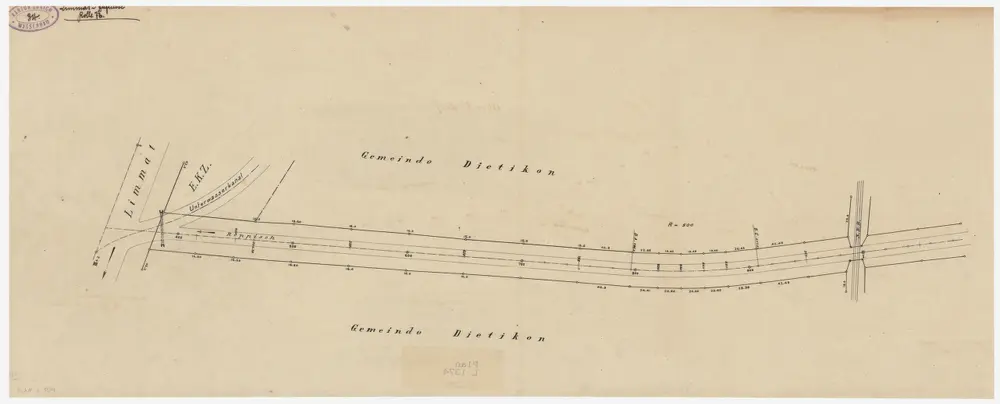 Dietikon: Reppisch von der Eisenbahnbrücke bis zur Einmündung in die Limmat, mit Einmündung des Unterwasserkanals der Elektrizitätswerke des Kantons Zürich E.K.Z.; Situationsplan