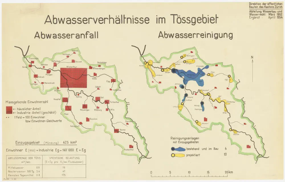 Gemeinden im Tössgebiet: Abwasseranfall und Abwasserreinigung; Übersichtskarten