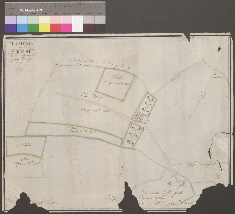 HZAN GA 100_Nr. 416_ : Waldenburg-Espighof; "Grundriß über den Espighof";copiert von Geodät Neunhöffer aus Künzelsau;ohne Maßstab;46 x 35,5 cm; Norden oben;Papier; Wasserfarben; Gebäude im Grundriß; Flureinteilung.