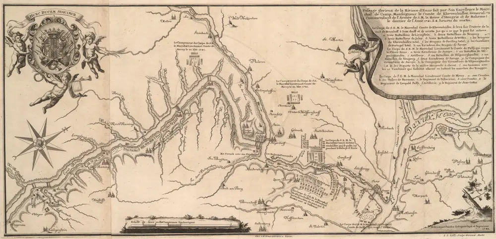 Passage glorieuse de la Riviere d'Enns fait par Son Excellence le Marechall de Camp, Monseigneur le Comte de Kevenhüller General Commendant de l'Armée de S. M. la Reine d'Hongrie et de Boheme, le dernier de l'Anne 1741 â 8. heures du Matin.