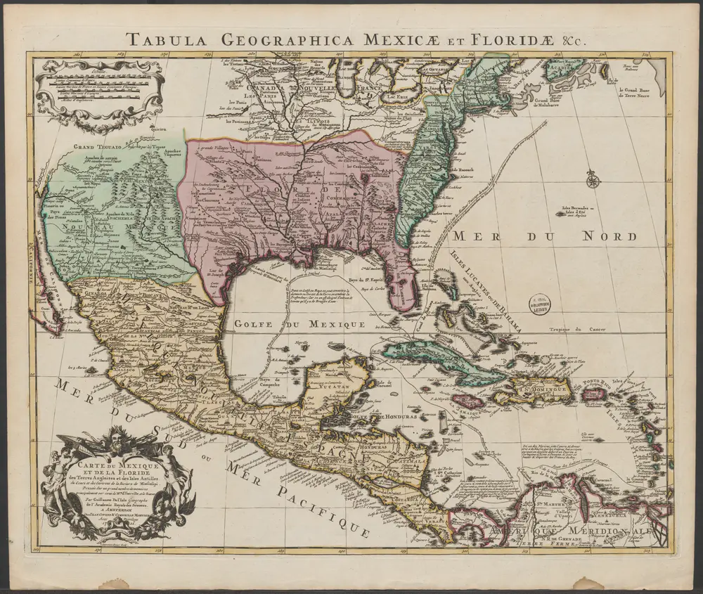 Carte du Mexique et de la Floride des Terres Angloises et des Isles Antilles du cours et des environs de la riviere de Mississipi / dressée sur un grand nombre de memoires principalement sur ceux de Mrs. d'Iberville et le Sueur par Guillaume De l'Isle geographe de l'Academie Royale des Sciences ; I. Stemmers Senior sculp