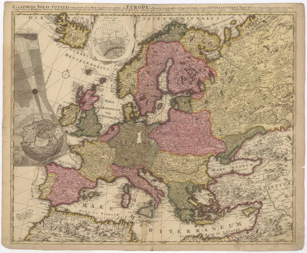 Eclipseos Solis totalis cum mora, d. 12 Maji 1706, horis antem in Europa celebratae, geographica repraesentatio, in qua centralis Umbrae tractus ac reliquae magnitudines suis locis competentes, ex illustrium virorum observationibus deductae, per arcus parallelos, ceu digitorum singulorum indices