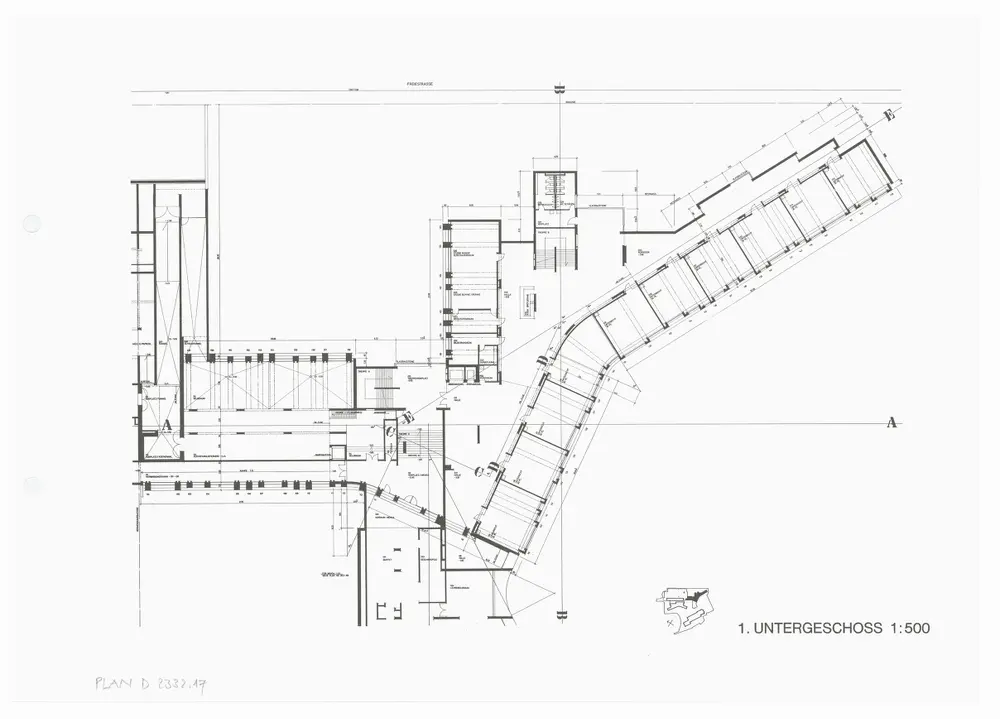 Kantonsschule Rämibühl: Ansichten, Grundrisse und Schnitte: Gymnasien: 1. Untergeschoss; Grundriss