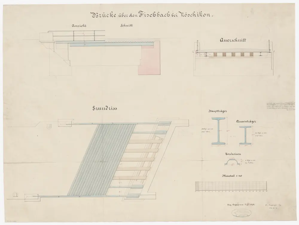 Niederglatt: Brücke über den Fischbach bei Nöschikon, Eisenkonstruktion; Ansicht, Grundriss und Schnitte