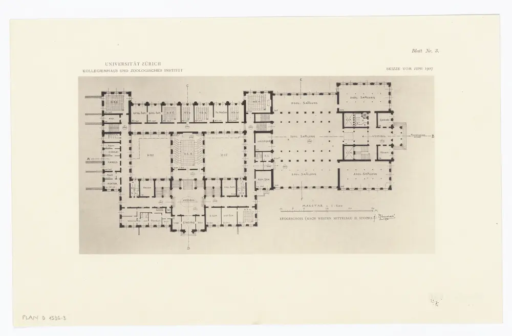 Universität Zürich, projektiertes Kollegienhaus und projektiertes Zoologisches Institut: Erdgeschoss des Westbaus, 1. Stock des Mittelbaus; Grundriss (Nr. 3)