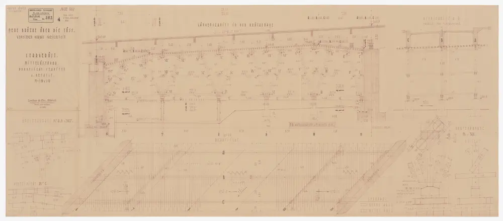 Rorbas, Freienstein-Teufen: Neue Brücke über die Töss, Lehrgerüst, Mittelöffnung; Grundriss und Schnitte