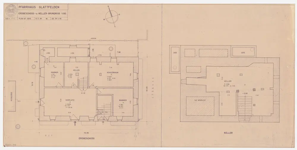 Glattfelden: Pfarrhaus, Keller und Erdgeschoss; Grundrisse