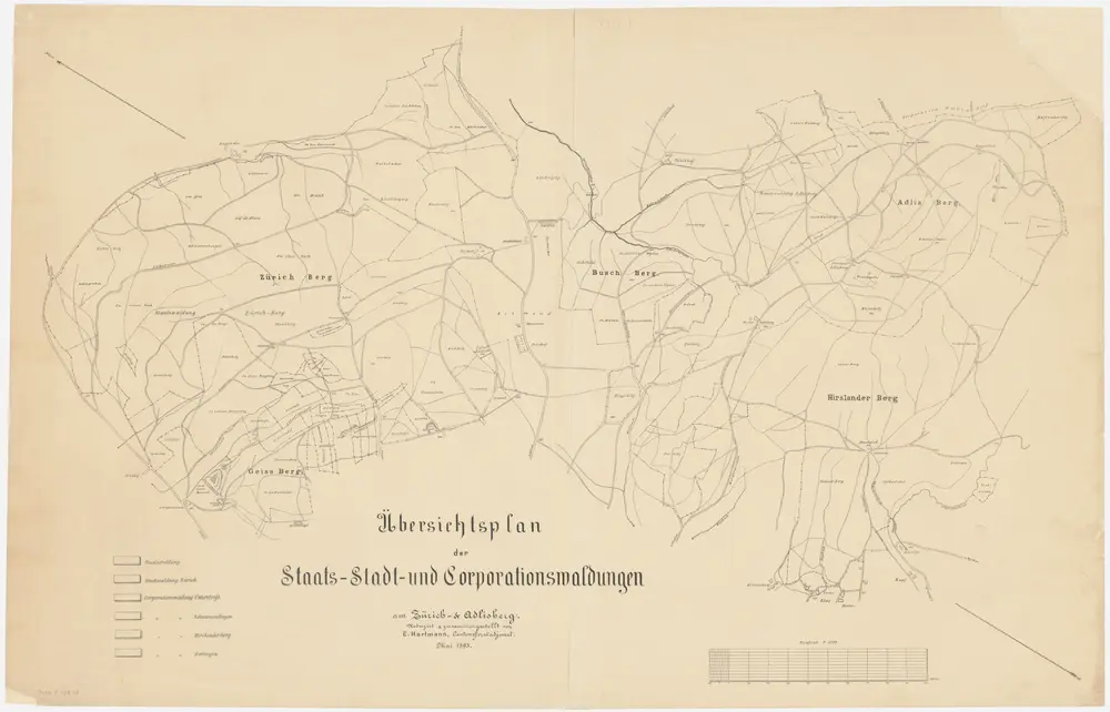 Horgen, Langnau am Albis, Thalwil, Hottingen, Zürich: Staatswaldungen, Genossenschaftswaldungen und Zürcher Stadtwaldungen: Zürich: Staats-, Stadt- und Genossenschaftswaldungen auf dem Zürichberg und dem Adlisberg; Übersichtsplan