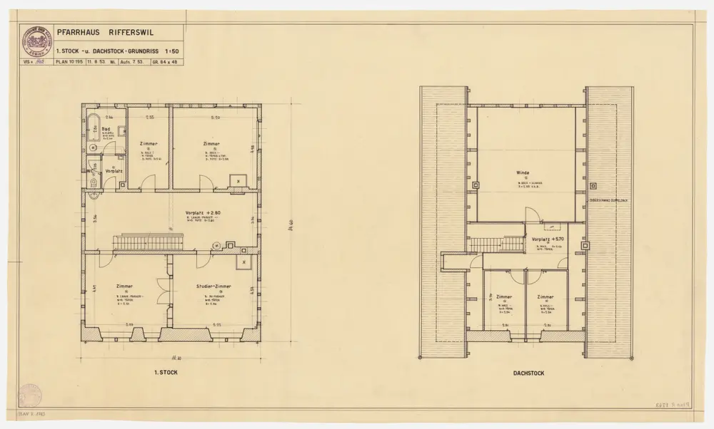 Rifferswil: Pfarrhaus, 1. Stock und Dachgeschoss; Grundrisse