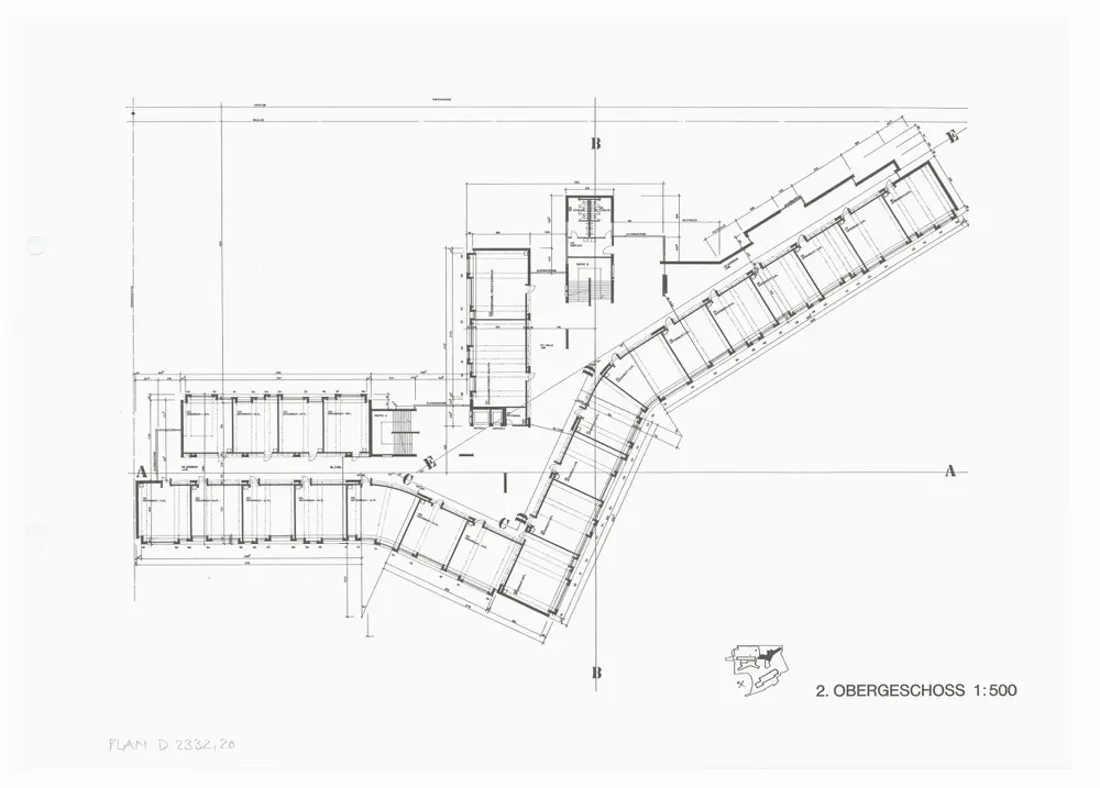 Kantonsschule Rämibühl: Ansichten, Grundrisse und Schnitte: Gymnasien: 2. Obergeschoss; Grundriss