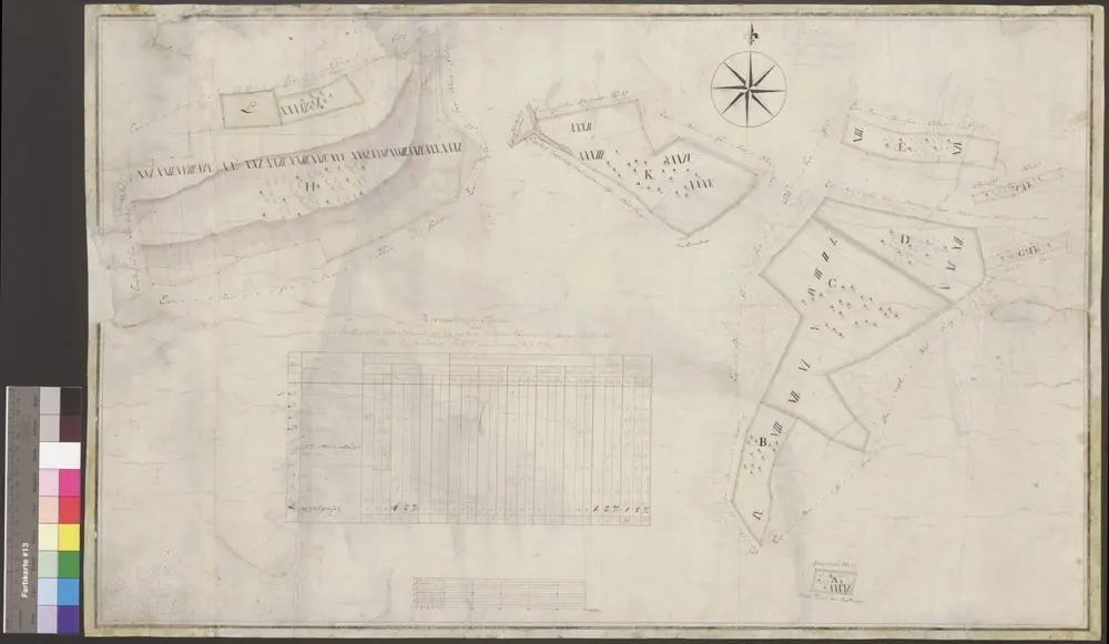 HZAN GA 100_Nr. 47_ : Crispenhofen; "Vermessungstabelle über die ... zur Saline Weißbach gehörige Waldung";ohne Verfasser;50 Ruten = 11,7 cm;90 x 50,5 cm; Norden oben;Papier; Federzeichnung mit Schraffen; Grenzen in Wasserfarben;Meßgehalt der einzelnen Grundstücke mit Bewachsung.