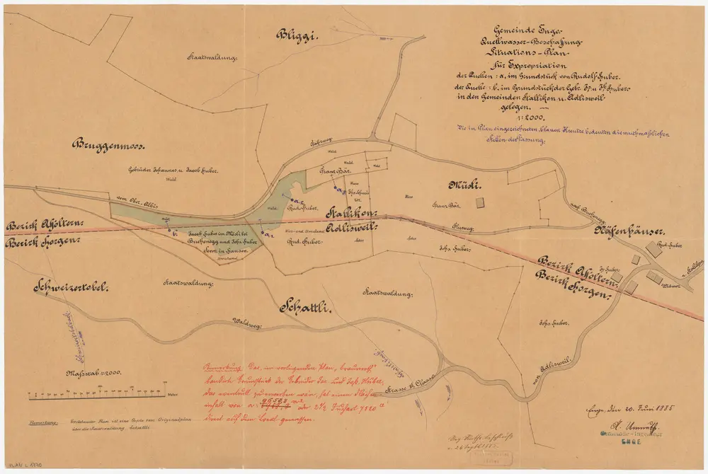 Adliswil, Stallikon, Enge: Beim Albis, Expropriationen für Quellwasserbeschaffung in der Enge; Situationsplan