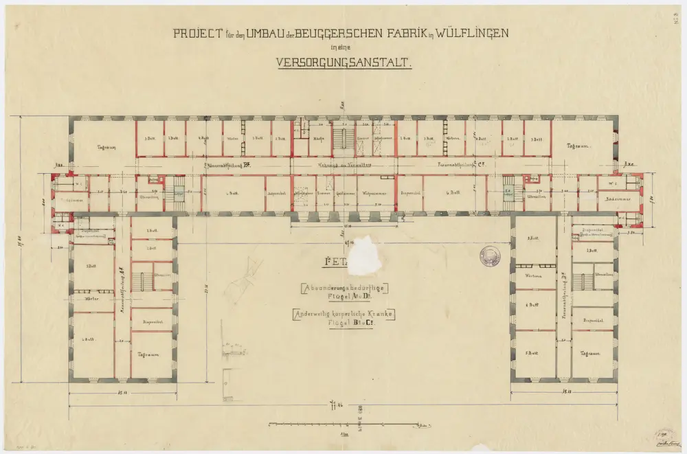 Wülflingen: Pflegeanstalt, Projekt für den Umbau der Beuggerschen Fabrik, 1. Stock; Grundriss