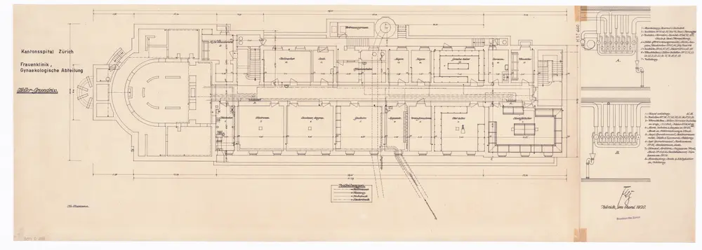 Frauenklinik des Kantonsspitals Zürich, Gynäkologisches Institut, Erweiterungsbau: Keller; Grundriss und Details zu Wasserleitungen