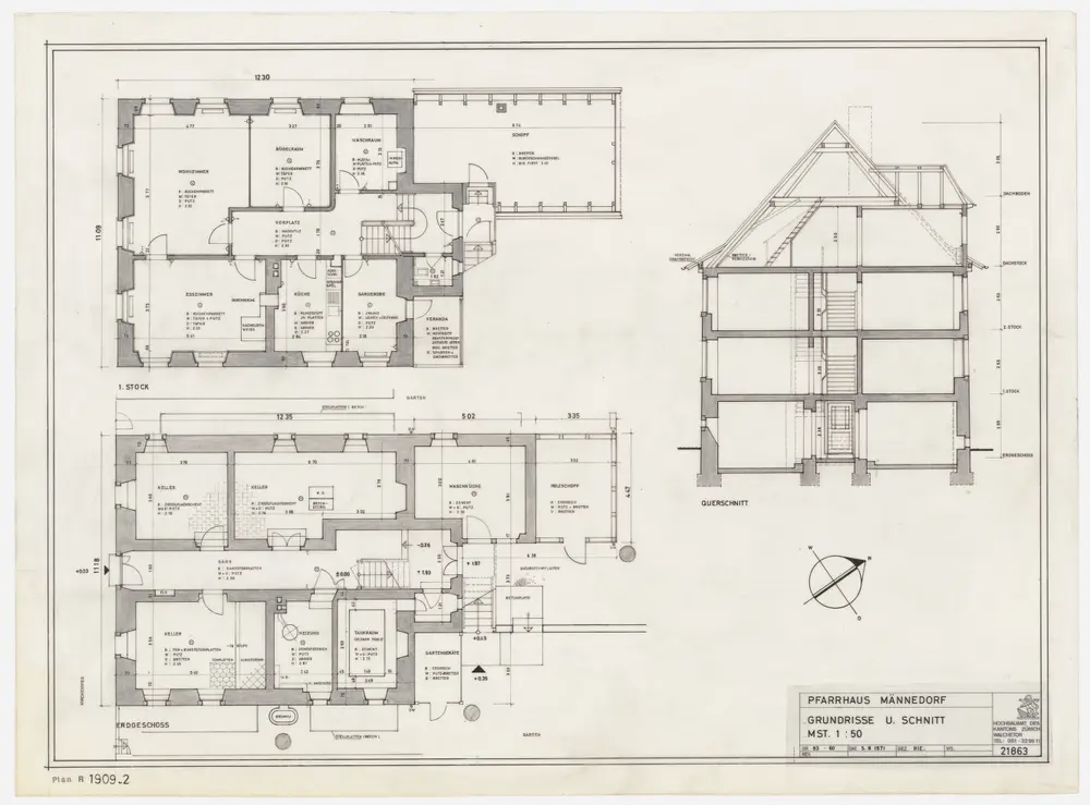 Männedorf: Pfarrhaus: Erdgeschoss und 1. Stock; Grundriss und Querschnitt