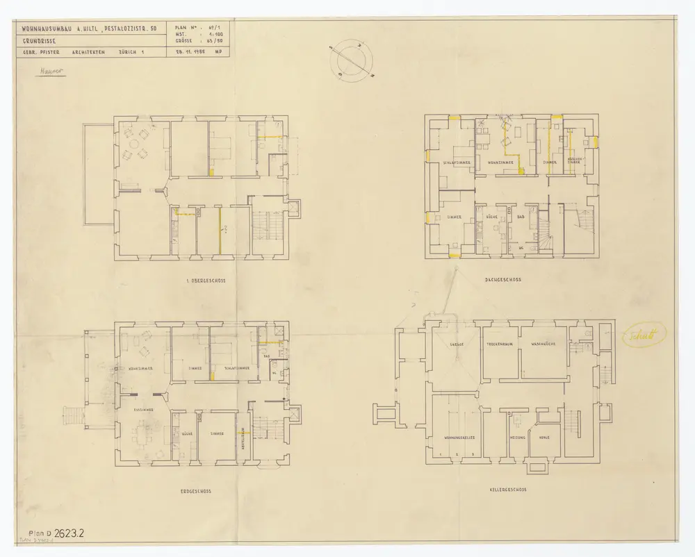 Wohnhaus von Herrn A. Hiltl, Pestalozzistrasse 50: Umbau; Grundrisse: Maurerarbeiten; Grundrisse