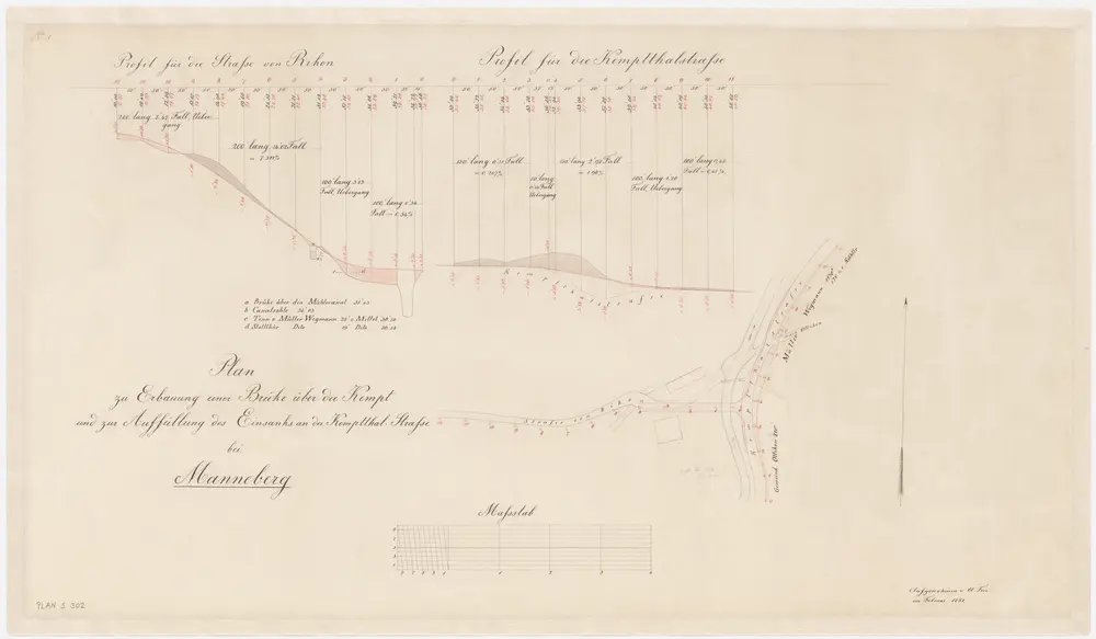 Illnau-Effretikon (damals Illnau): Korrektion der Kemptthalstrasse bei Mannenberg bei der Strasse von Rikon und Bau einer Brücke über die Kempt; Situationsplan und Längsprofil