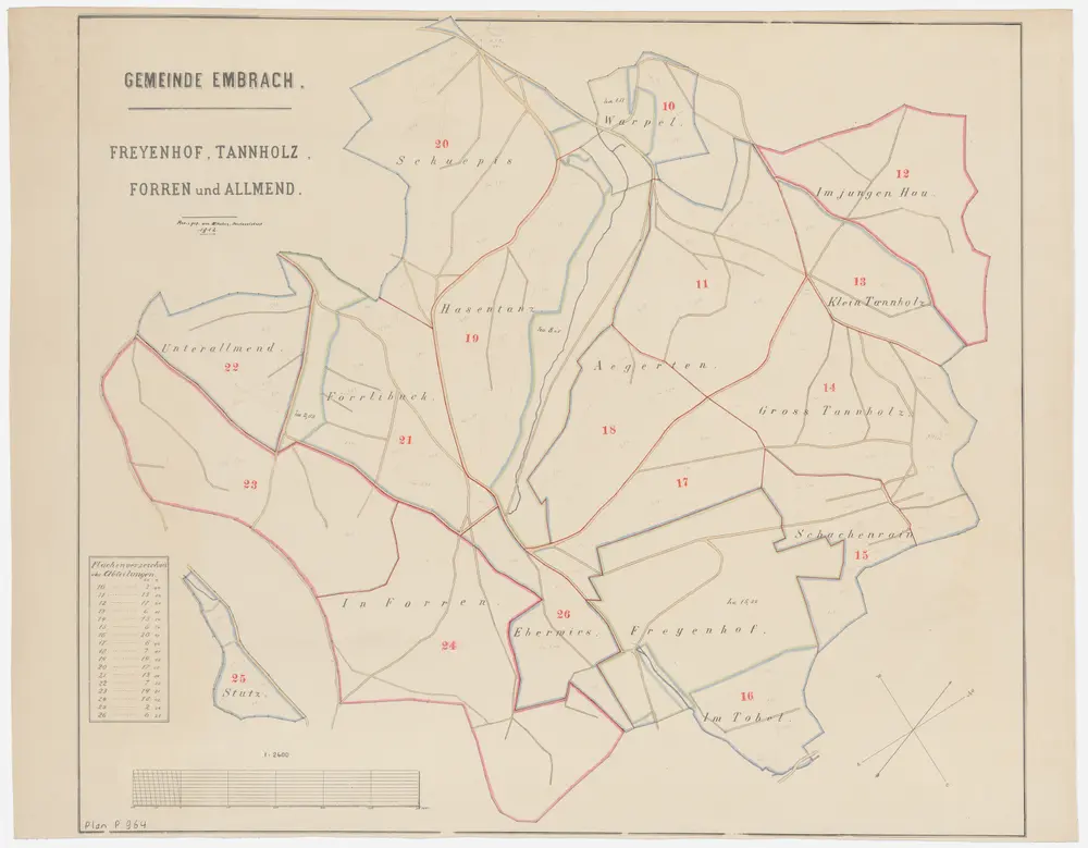 Embrach: Gemeindewaldungen Warpel, Ägerten, Im jungen Hau, Tannholz, Schachenrain, Tobel, Freienhof (Freyenhof), Hasentanz, Förlibuck (Förrlibuck), Foren (Forren), Ober- und Unteralmet (Allmend), Eberwisen (Eberwies), Stutz; Grundrisse