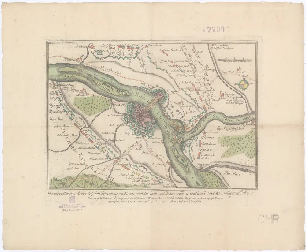 Plan der allüerten Armee bey der Belagrung von Mainz, nebst der Stadt und Vestung Mainz und Cassel, und der umliegende Orte