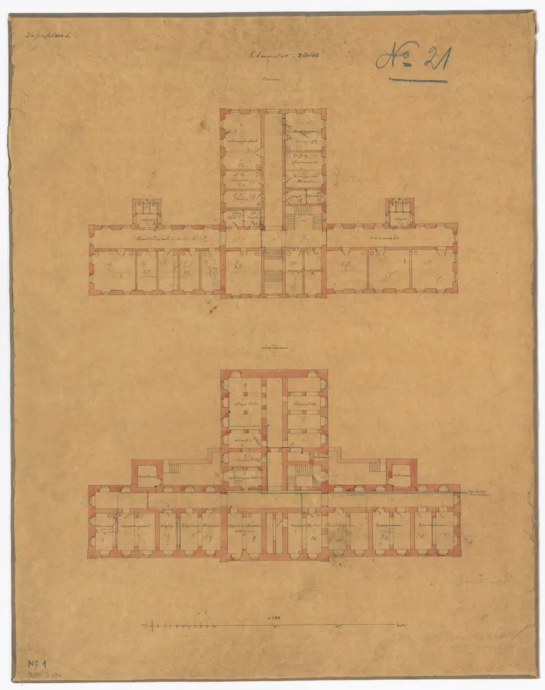 Gebäranstalt, Hauptgebäude: Keller und Erdgeschoss; Grundrisse