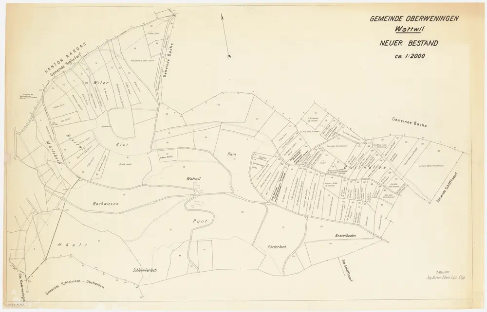 Oberweningen: Waldungen (neuer Bestand) bei Wattwil mit Wiler, Risi, Rain, Risirain, Buechhalden (Buchhalde), Färberloch; Grundriss