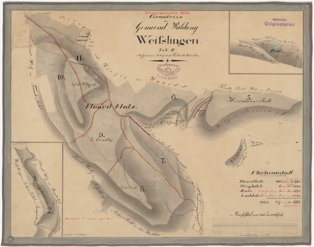 Weisslingen: Gemeindewaldung bzw. Genossenschaftswaldung: Gemeindewaldungen Steigholz (Steighölzli), Rüti, Hardholz (Haardholz) mit Wolfgrueb (Wolfsgrueb), Einschlag, Dicki (Dicke), Hermannsrüti (Herrmanns Rüti); Grundrisse (Tab. II)