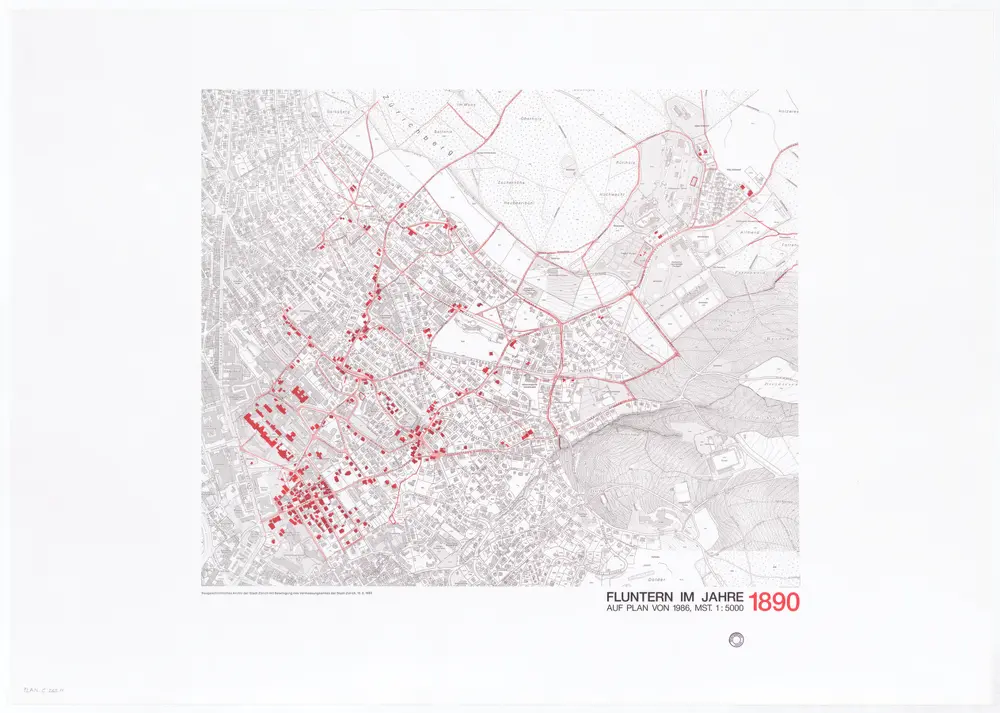 Historische Bauzustände der Zürcher Aussenquartiere in 48 Blättern: Fluntern im Jahre 1890 auf einem Plan von 1986; Übersichtsplan