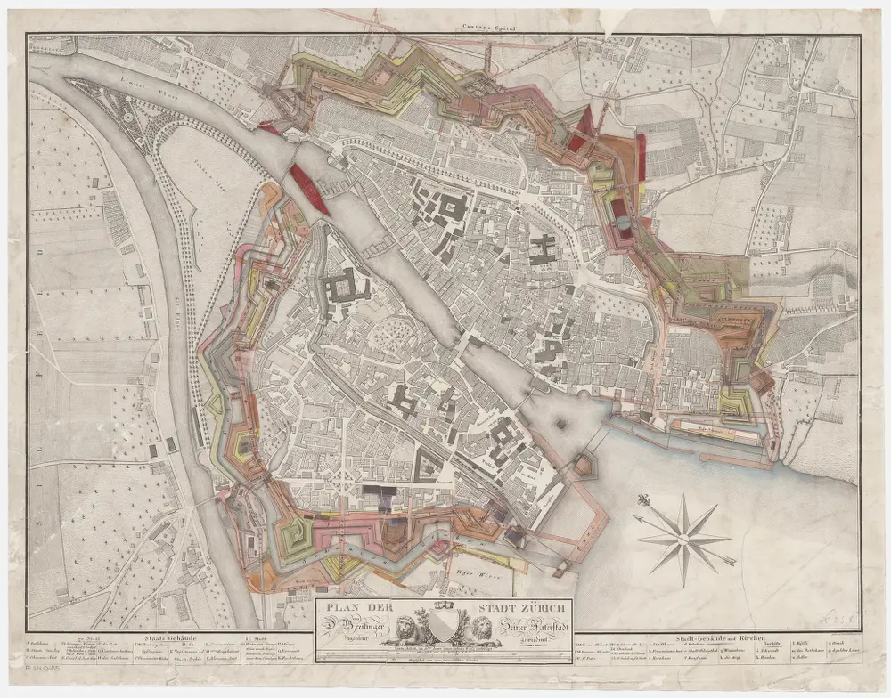 Zürich: Schanzen der Stadt und der nächsten Umgebung mit Einzeichnung von projektierten Strassen; Grundriss