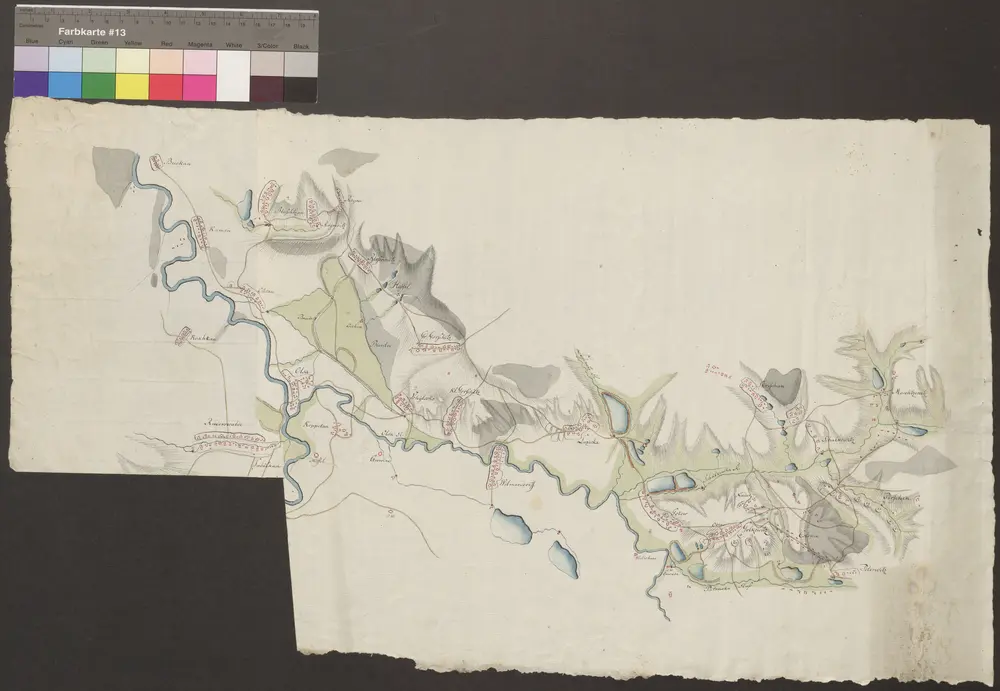 HZAN GA 100_Nr. 757_ : Wilmersdorf-Olsa; [ohne Titel];ohne Verfasser;ohne Maßstab;66 x 38 cm;Kartenrand: Buckau-Bluschtzau-Rogau; Kamen-Roschkau-Ruderswalde; Vorwerk Zawada-Peterwitz; Moschtzenitz-Pirschen;Papier; Federzeichnung mit Schraffen; Siedlung angedeutet; Gewässer, Talauen, Wälder in Wasserfarben.