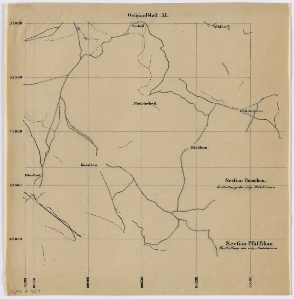 Vorlagen für die Topographische Karte des Kantons Zürich (Wild-Karte): Pausen mit Gewässern, Eisenbahn, Strassen: Originalblatt XI: Sektion Pfäffikon, Sektion Russikon