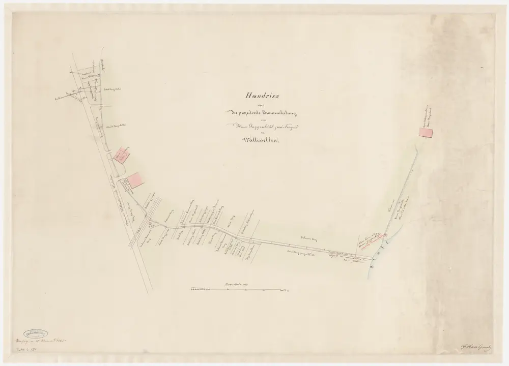 Wallisellen: Winterthurerstrasse mit projektierter Wasserleitung von J. C. Guggenbühl entlang des Moosbachs und der Glatt bis zu seinem neuen Wohngebäude im Neugut; Situationsplan