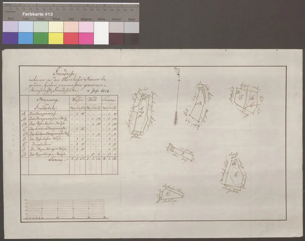 HZAN GA 100_Nr. 320_ : Oberhof (Kr. Öhringen); "Grundriß mehrerer in dem Oberhofer Revier liegender, bisher unvermessen gewesener Grundstücke";ohne Verfasser;40 Ruten = 9,4 cm;68 x 59 cm; Norden oben;Papier auf Leinwand; Federzeichnung; Grenzen in Wasserfarben.