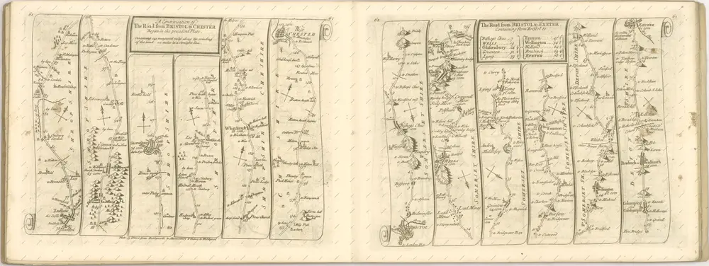 mapa z atlasu "The Roads through England delineated or, Ogilby ́s Survey, Revised, Improved, and Reduced to a Size portable for the Pocket By John Senex F, R, S. Being an Actual Survey of all the Principal Roads of England, And Wales, Distinctly laid down on one hundred "