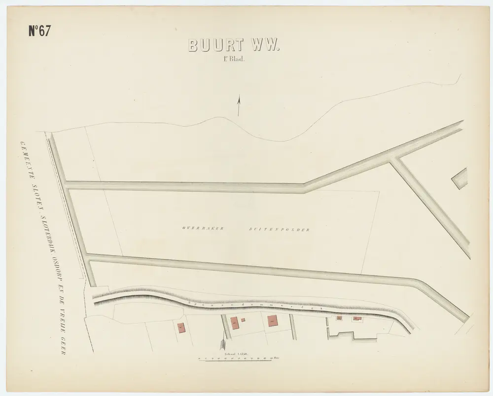 N.67 Buurt WW 1ste blad, uit: Atlas van de gemeente Amsterdam : bevattende de grondteekening van alle gebouwen met de tegenwoordige nommering, en onderscheiding van gemeente-eigendommen, publieke en bijzondere gebouwen, woon- en pakhuizen : in 101 kaarten / naar officiële bronnen bewerkt; [schaal 1:1.250]