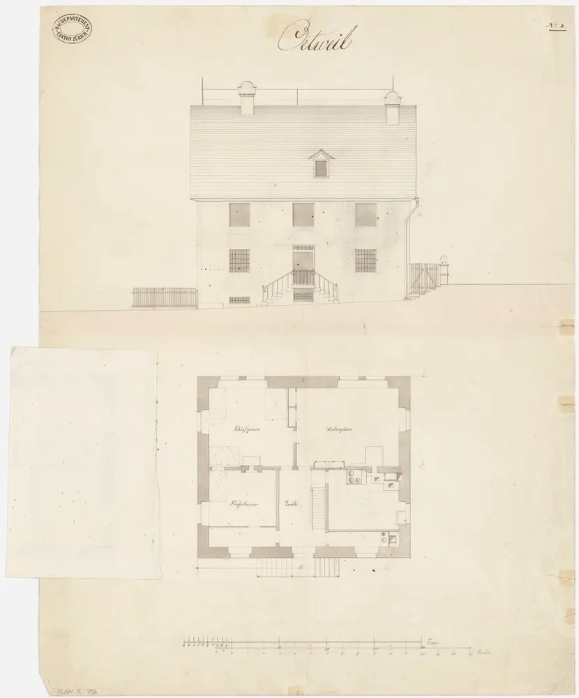 Oetwil am See: Pfarrhaus; Ansicht und Grundriss des Erdgeschosses (Nr. 4)